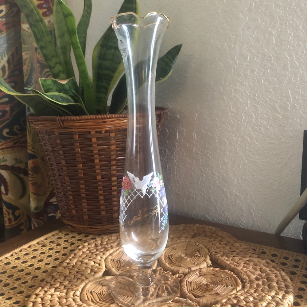 Rare Clear Hand Painted Fenton 50th Anniversary Bud Vase w/Ruffles & Gold Edging - Picture 4 of 16